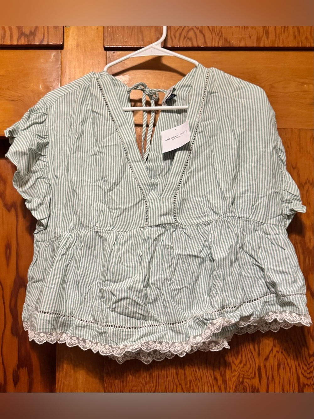 American Eagle Outfitters Light Green & White Striped Lace-Trim Peplum Top